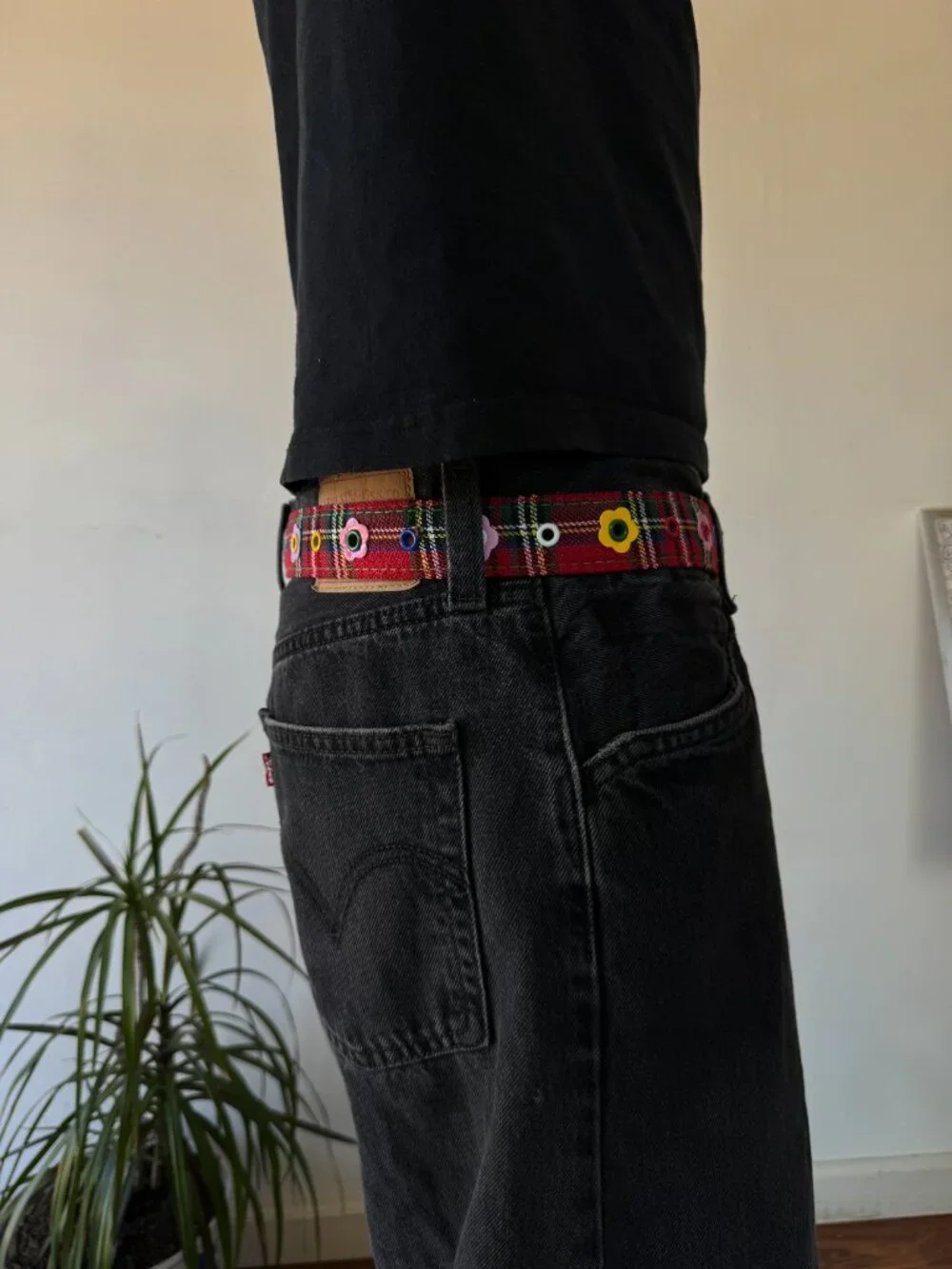 Red Plaid Floral Embroidered Eyelet Belt